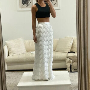 Halfpenny London Ivy Fringe Maxi Skirt White Ivory Satin Size 4/6 NWT